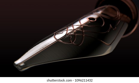 A Closeup Of The Metal Nib Of An Ornate And Intricate Fountain Pen With Rose Gold Inlays On A Dramatic Isolated Dark Background - 3D Render