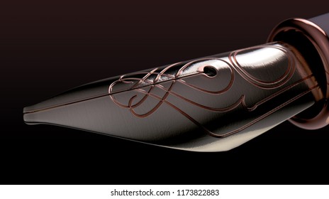 A Closeup Of The Metal Nib Of An Ornate And Intricate Fountain Pen With Rose Gold Inlays On A Dramatic Isolated Dark Background - 3D Render