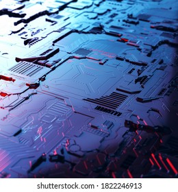 A close-up microchip with many electrical components placed on the Board. The background is blurred. 3D rendering.