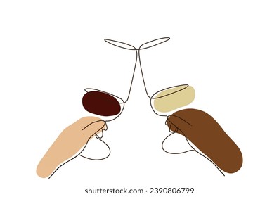 A close-up of minimal line art of two multiracial hands celebrating with glasses of red and white wine. - Powered by Shutterstock