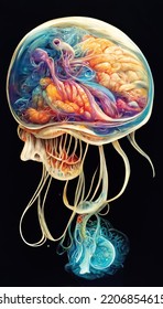 Close-up Model Of Human Brain Structure With Extremely Unique Nerves, 3D Illustration.