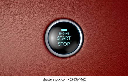 A closeup of a modern car start and stop button with blue lights on a red leather textured surface - Shutterstock ID 298364462