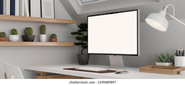 Close-up, Modern Minimal Office Desk Or Workstation With Blank White PC Desktop Computer Mockup, Keyboard, Mouse, Table Lamp And Decor Plants On White Table. 3d Rendering, 3d Illustration