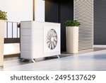 Closeup of a modern outdoor air conditioner unit placed on a building terrace, surrounded by plants. The concept of central cooling technology. 3D Rendering