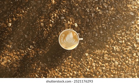 Closeup a Mug of coffee Latte Art put on coffee beans seed on background. 3D Render. flat lay top view.	
 - Powered by Shutterstock