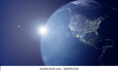 Closeup North America View From Outer Space. Day Night Background. Pacific Ocean, Canada, United States And Mexico With City Lights. Planet Earth,  Satellite Images, Technologies Concept. Render 3D