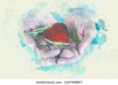 Close-up Of Old Hands Holding A Heart In Watercolor Style