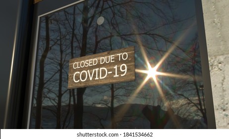 Close-up on a closed sign in the window of a shop displaying the message Closed due to Covid-19. The glass reflects the day city. 3d rendering