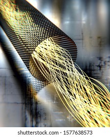 Close-up on a graphene tube transporting waves of light, with a glossy background. 3d illustration