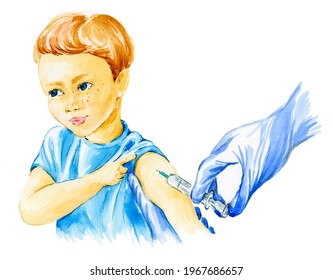 Close-up On Hands In Gloves With Syringe And Shoulder Of The Patient, Teen Kid. Covid 19, Flu, Tetanus Or Measles Vaccine Concept. Watercolor Illustration