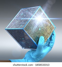 Close-up on a scientific holding a small and cubic satellite, concept of the future of telecommunications. 3d illustration
