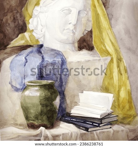 Closeup past retro Italy Rome era age white marble stone lady Hera bust head face still life Hand drawn retro literary page Italian girl student fabric artist teach culture paint picture artwork style