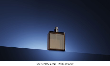 Closeup Perfume bottle isolate on blue scene lighting studio display background. Cosmetic Product idea concept. 3D rendering.