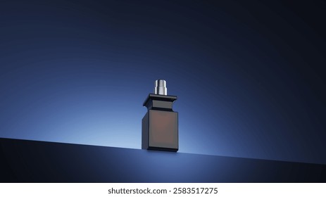 Closeup Perfume bottle isolate on blue scene lighting studio display background. Cosmetic Product idea concept. 3D rendering.