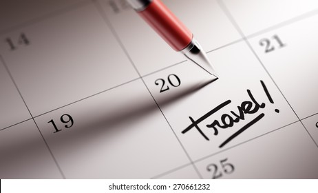 Closeup of a personal agenda setting an important date written with pen. The words Travel written on a white notebook to remind you an important appointment. - Powered by Shutterstock