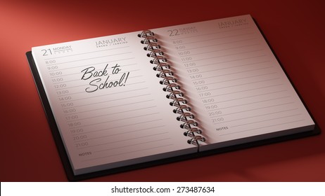 Closeup of a personal calendar setting an important date representing a time schedule. The words Back to school written on a white notebook to remind you an important appointment.