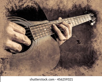 Closeup photo of an acoustic guitar played by a man. Only hands visible. Vintage painting, background illustration, beautiful picture, musical texture - Powered by Shutterstock