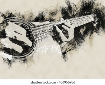 Closeup photo of an acoustic guitar played by a man. Only hands visible. Vintage painting, background illustration, beautiful picture, musical texture - Powered by Shutterstock