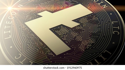 A closeup of a physical litecoin cryptocurrency in gold and silver coin form on a dark studio background- 3D render