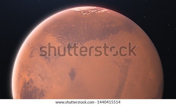 Close-up
planet Mars red globe in space with stars. 3d illustration for
science, astronomy presentations and
design.