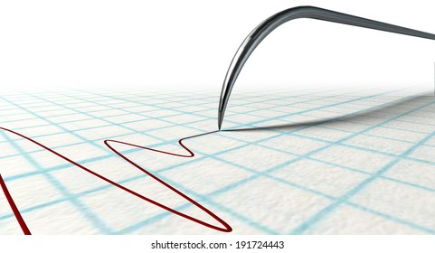 A Closeup Of A Polygraph Lie Detector Test Needle Drawing A Red Line On Graph Paper On An Isolated White Background