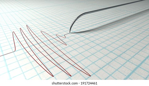 A Closeup Of A Polygraph Lie Detector Test Needle Drawing A Red Line On Graph Paper On An Isolated White Background