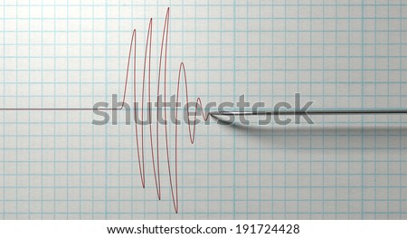 A closeup of a polygraph lie detector test needle drawing a red line on graph paper on an isolated white background