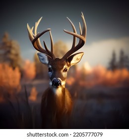 Close-up Portrait Of A Golden Deer With Super Beautiful Horns, A Rare Animal, 3D Illustration.