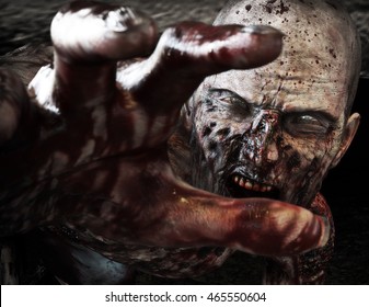 Close-up portrait of a horrible scary zombie attacking, reaching for its unsuspecting victim . Horror. Halloween. 3d rendering