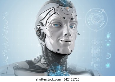 Closeup portrait of a male robot with smiling face and shining digital blue eyes. Futuristic background with virtual HUD icons for your design. Artificial good mood head of cybernetic creature.
