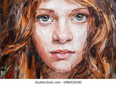 Close-up Portrait Of A Red-haired Girl. A Woman With A Large Head Of Curly Hair. Oil Painting On Canvas.