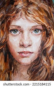 Close-up Portrait Of A Red-haired Girl. A Woman With A Large Head Of Curly Hair. Oil Painting On Canvas.