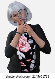 Close-up portrait of Susan, an on-the-go beautiful white-haired older woman looking through a magnifying glass standing on an isolated white background - 3D illustration cartoon character model render