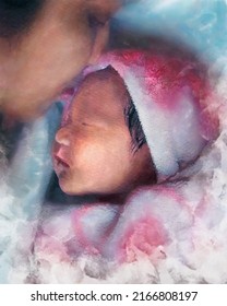 Close-up Portrait Of Young Asian Mom Kissing Newborn Baby With Warm Embrace In The Hospital. Love, Happy Family, Healthcare And Medical, Mother's Day Concept. Digital Watercolor Painting Illustration.