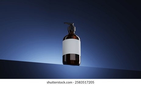 Closeup Pumper bottle isolate on blue scene lighting studio display background. Cosmetic Product idea concept. 3D rendering.