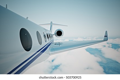 Closeup of realistic photo white, luxury generic design private jet flying over the earth's surface.Modern airplane and empty blue sky on background. Business travel concept. Horizontal. 3d rendering