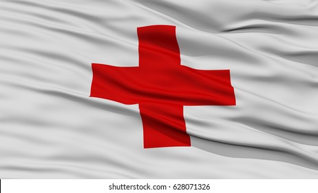 Closeup Red Cross Flag, Waving In The Wind, High Resolution