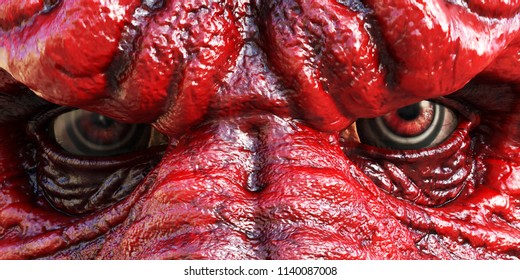 Closeup of a red devil's evil demonic eyes, 3D rendering.