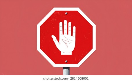 A close-up of a red octagonal stop sign featuring a white hand symbol, indicating a halt or prohibition, set against a plain red backdrop.