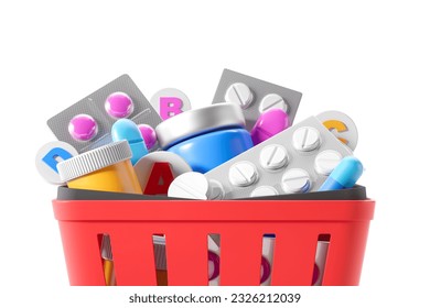 Closeup of red shopping basket with drugs and pills with vitamins, empty white background. Concept of pharmacy, medicine purchase and delivery. 3D rendering illustration - Powered by Shutterstock