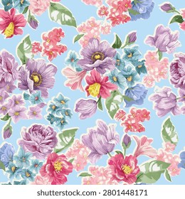 Close-up of repeating pink and red carnation flowers on a vivid blue seamless pattern