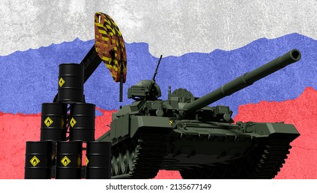 Close-up Of Russian T90 Tank On Oil Platform And Oil Barrels. Russian Concept Of War Russia Ukraine. 3d Rendering.