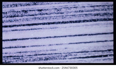 A close-up of the screen texture of an old VHS tape, with a blue color background and a grainy film effect. Photo overlay via blend mode.