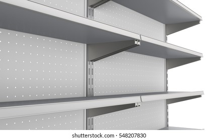 closeup of set of shelves front perspective in supermarket. 3D rendering
