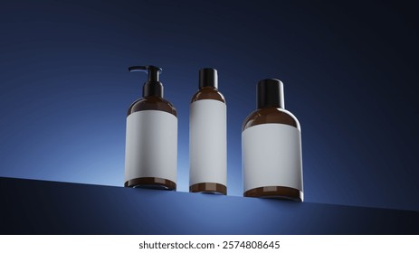 Closeup sets of Lotion bottle cosmetics isolate on blue scene lighting studio display background. Cosmetic Product idea concept. 3D Rendering.