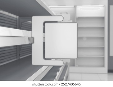 Close-up of shelf stopper mockup and empty supermarket shelves. 3d illustration