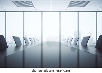 Closeup of shiny dark table and chairs in conferece room interior with city view and daylight. 3D Rendering