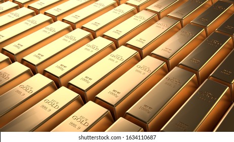 Closeup Shiny Gold Bar Arrangement In A Row. Busienss Gold Future And Financial Concept. 3D Illustration Rendering. World Economics And Currency Exchange. Money Trade And Safe Haven Marketplace