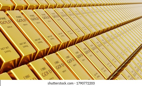 Closeup Shiny Gold Bar Background In The Gold Archives.The Concept Of Financial And Economic Success Of Gold Trading In The Stock Market And Money Trade And Safe Haven Marketplace, 3d Illustration