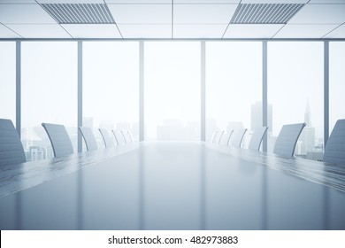Closeup of shiny light table and chairs in conferece room interior with city view and daylight. 3D Rendering